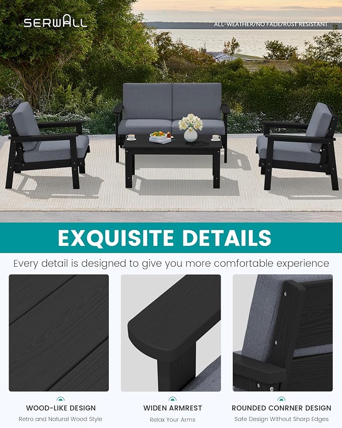 SERWALL HDPE Patio Furniture Set with 15FT Double Side Patio Umbrella, All Weather Wood-Like Outdoor Sofa Sectional Couch, Black Patio Furniture with Grey Cushions