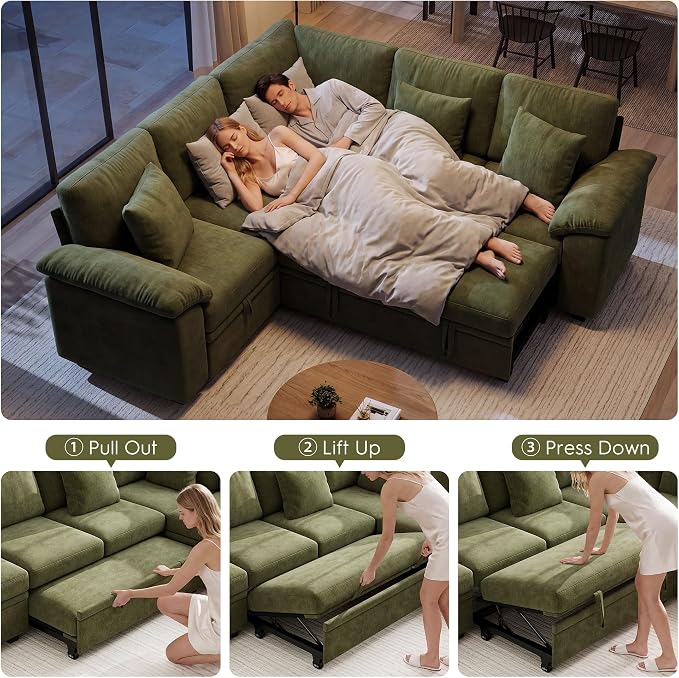 Ihanherry 86" Modular Sectional Sofa with Pull Out Bed, 5-Seater L Shaped Sectional Sleeper Couch with Storage, Chenille Convertible Couches for Living Room, Apartment (Green)