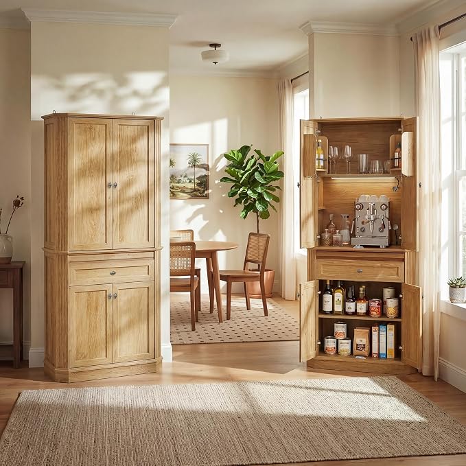 72.2" Tall Kitchen Pantry Cabinet with Doors, Farmhouse Storage Cabinet with Charging Station & LED Light, Drawer, Adjustable Shelves and Pull-Out Shelves, Oak Wood Pantry Cupboard for Dining Room