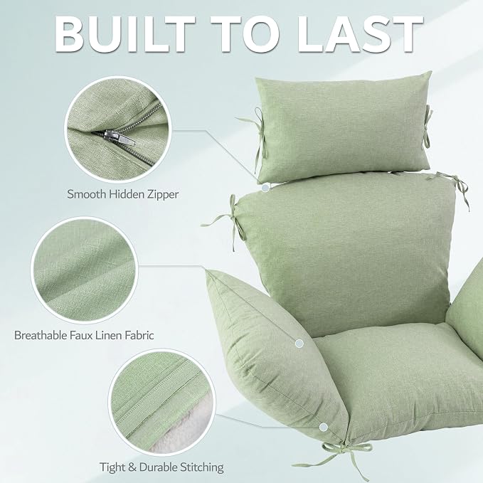 Egg Chair Cushion with 8 Securing Straps, Water-Repellent & Fade-Resistant Faux Linen, Removable Cover, Replacement Cushion for Most Single Outdoor Hanging Swing Egg Chairs – Sage Green