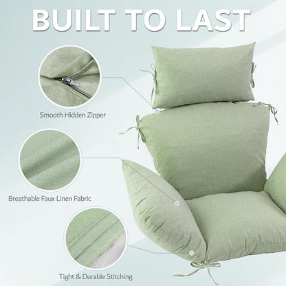 Egg Chair Cushion with 8 Securing Straps, Water-Repellent & Fade-Resistant Faux Linen, Removable Cover, Replacement Cushion for Most Single Outdoor Hanging Swing Egg Chairs – Sage Green