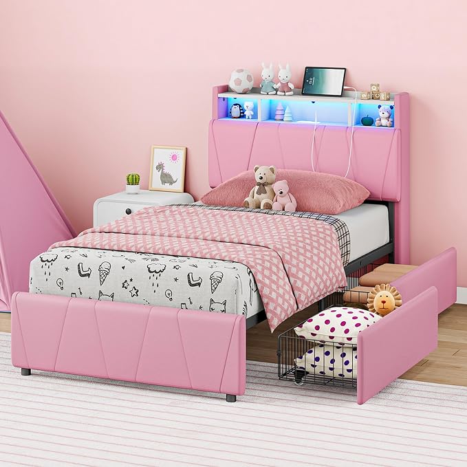 LIKIMIO Twin Bed Frame with 2 Storage Drawers, Charging Station & LED Lights, Upholstered Platform Twin Bed with Storage Headboard, Strong Wooden Slats, No Box Spring Needed, Easy Assembly, Pink