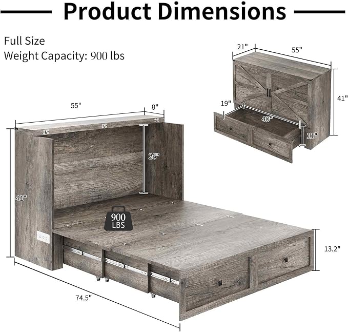 LUXOAK Full Size Murphy Bed, Cabinet Bed with Charging Station Large Storage Drawer for Home Office or Small Room, Hideaway Full Foldable Platform Bed, Rustic Grey