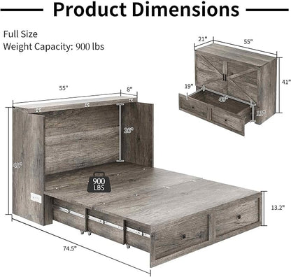 LUXOAK Full Size Murphy Bed, Cabinet Bed with Charging Station Large Storage Drawer for Home Office or Small Room, Hideaway Full Foldable Platform Bed, Rustic Grey