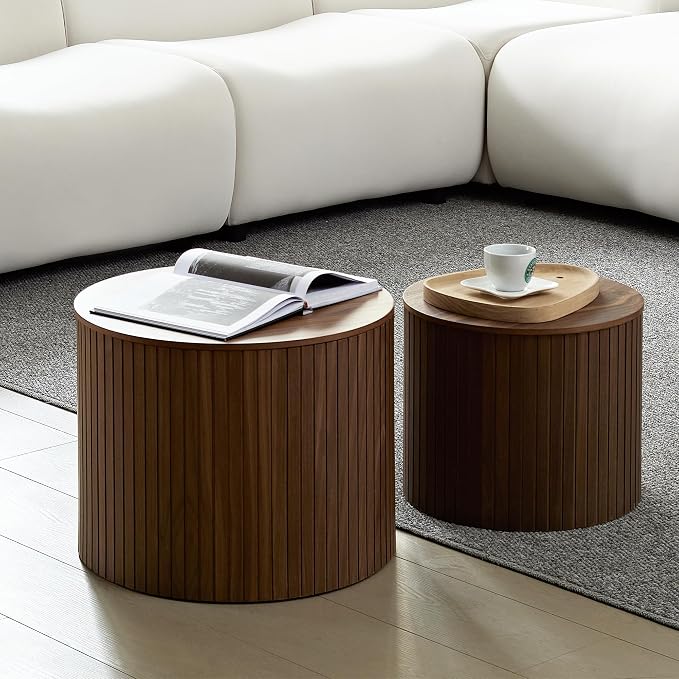 Nesting Coffee Tables Set of 2, Wooden Round Fluted Coffee Tables with Storage, Accent Drum Side Table, Luxury Modern Circle End Table for Small Spaces Living Room Bedroom Balcony Office, Walnut