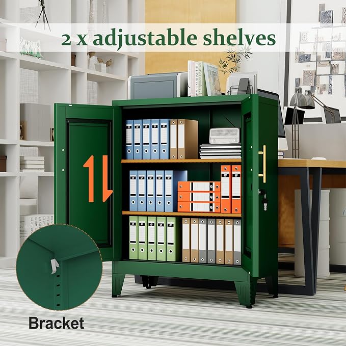 Green Metal Storage Cabinet, 36" Tall Locking Storage Cabinet, 14”D | with 2 Adjustable Shelves, Steel Locker Organizer, Metal Freestanding Buffet Cupboards Sideboard for Office, Home, School,2PS
