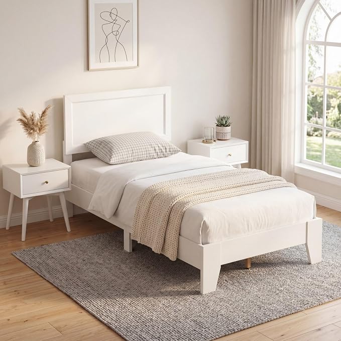 Giantex Twin Size Wooden Bed Frame with Headboard, Wood Slat Support | Modern Platform Bed with Heavy Duty Mattress Foundation, Under-Bed Storage, No Box Spring Needed, Easy Assembly (White)