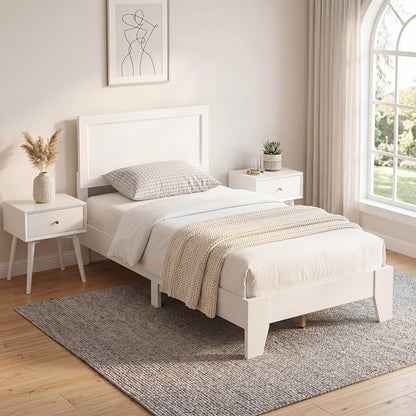 Giantex Twin Size Wooden Bed Frame with Headboard, Wood Slat Support | Modern Platform Bed with Heavy Duty Mattress Foundation, Under-Bed Storage, No Box Spring Needed, Easy Assembly (White)