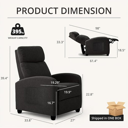Recliner Chair for Living Room, Modern Adjustable Home Theater Seating Single Sofa Manual Push Back Armchair with Soft Linen Upholstery & High Backrest for Small Spaces, Linen-Black