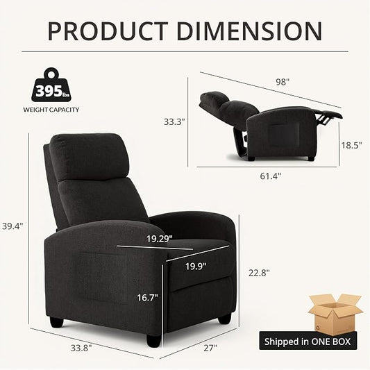 Recliner Chair for Living Room, Modern Adjustable Home Theater Seating Single Sofa Manual Push Back Armchair with Soft Linen Upholstery & High Backrest for Small Spaces, Linen-Black