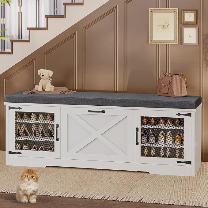 UPOSOJA Farmhouse Storage Bench with Flip Drawers & Padded Seat Cushion, Half Hidden Shoe Rack Organizer, Adjustable Shelf Shoe Cabinet for Entryway, Bedroom, Living Room (White, 57IN)