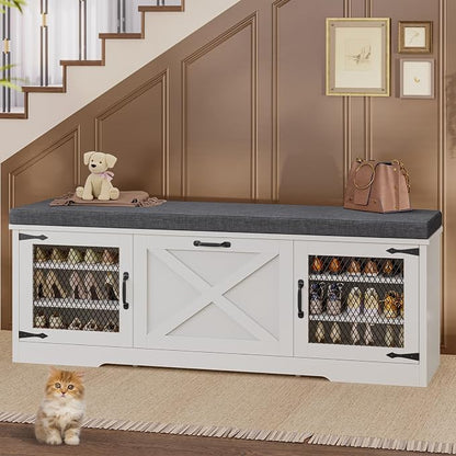 UPOSOJA Farmhouse Storage Bench with Flip Drawers & Padded Seat Cushion, Half Hidden Shoe Rack Organizer, Adjustable Shelf Shoe Cabinet for Entryway, Bedroom, Living Room (White, 57IN)