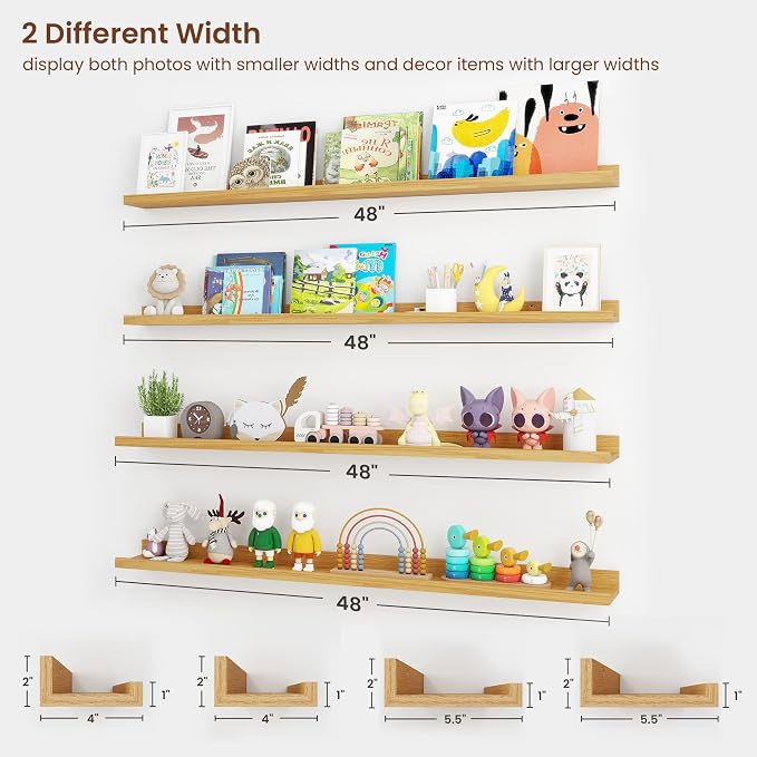 Axeman Picture Ledge Shelf | 48 Inch Oak Floating Shelves Set of 4 | Rustic Wood Wall Shelves with Lip | 48" Oak Picture Shelves for Wall with Ledge | Photo Shelves