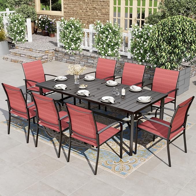 HERA'S HOUSE 9 Pieces Patio Dining Set, Outdoor Metal Table and Chairs Set for 8, 83" Rectangular Table with Umbrella Hole, 8 x Textilane Patio Dining Chairs for Lawn Garden Backyard Deck