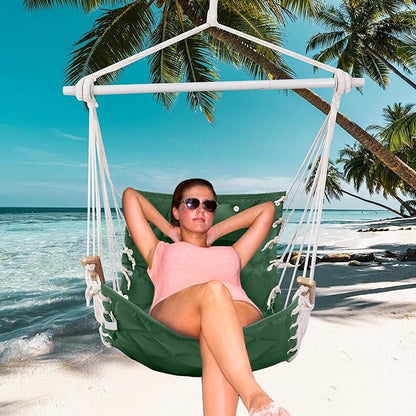 Hammock Chair Hanging Swing with Wooden Armrest,Steel Spreader Bar,Pillows,Hardware kit Included;Cotton Woven;Up to 350 Lbs,for Indoor Outdoor Green