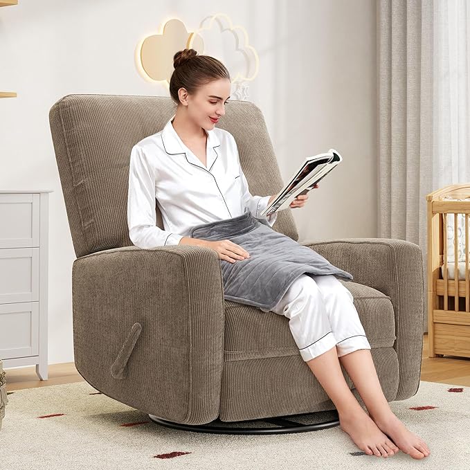 IDEALHOUSE Recliner Chair, 360° Swivel Rocking Glider Chair for Adults with Adjustable Backrest & Footrest, Cozy Corduroy Upholstered Armchair for Living Rooms, Bedrooms, Apartments, Brown