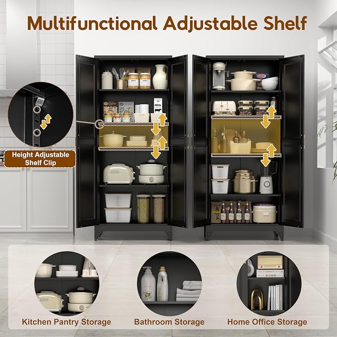 UNICOLY 75" Kitchen Pantry Cabinet, Tall Storage Cabinet with Doors and 4 Shelves, Metal Storage Cabinets for Kitchens, Living Room, Dinning Room, Assembly Required, Black