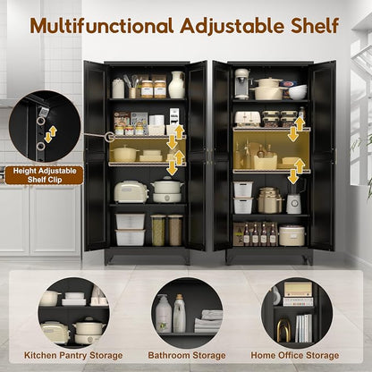 UNICOLY 75" Kitchen Pantry Cabinet, Tall Storage Cabinet with Doors and 4 Shelves, Metal Storage Cabinets for Kitchens, Living Room, Dinning Room, Assembly Required, Black