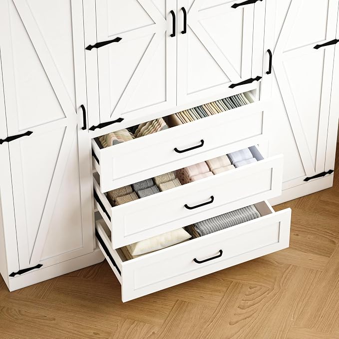 4 Doors Wardrobe Armoire Closet with Drawers, Farmhouse Wooden Armoire Storage Cabinet with Adjustable Shelves & Hanging Rod, 70" Freestanding Clothing Storage Cabinet for Bedroom, White