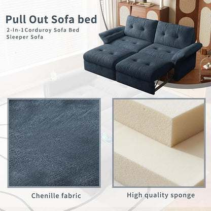 81.5" Pull Out Sofa Bed Full Size, Pre-Assembled Chenille Sleeper Sofa, Convertible Loveseat Futon Couch with Tufted, Pillows, for Apartment, Living Room, Small Spaces, dorms, Blue