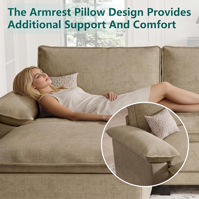 Modern L Shaped Sofa Couches for Living Room, Modular Sectional Cloud Couch with Movable Ottoman, Comfy Chenille Sofa for Apartment and Small Space, Light Yellow