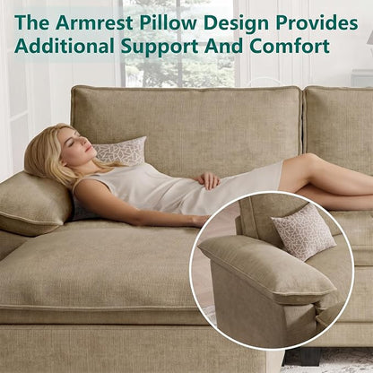 Modern L Shaped Sofa Couches for Living Room, Modular Sectional Cloud Couch with Movable Ottoman, Comfy Chenille Sofa for Apartment and Small Space, Light Yellow