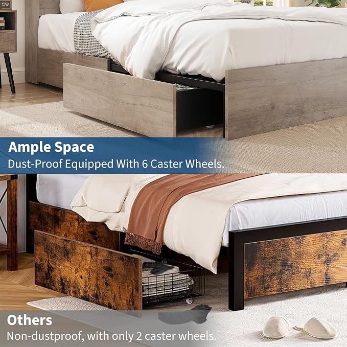 GarveeHome Full Size Bed Frame with High Storage Bookcase Headboard, Wood Bed Frame with 4 Storage Drawers, Built in Charging Station, No Box Spring Needed, Metal Frame, Noise-Free, Grey