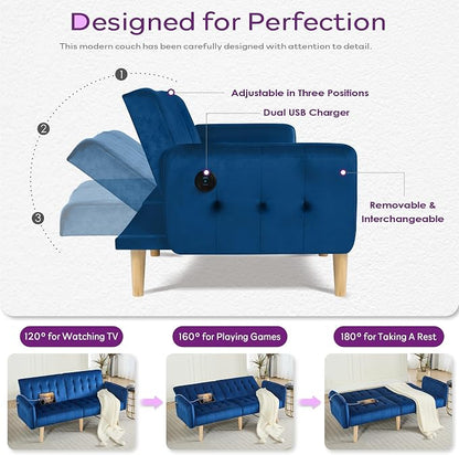 TYBOATLE 62.99" W Velvet Modern Convertible Folding Futon Couch Sofa Bed w/ 2 USB Charging Ports for Compact Living Space, Small Couches for Office, Dorm, RV Room, Apartment, Bedroom (Navy Blue)
