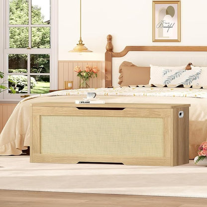 usikey 47.2" Large Storage Chest with Fabric Drawer, Toy Box with Safety Hinges, Extra Wide Storage Bench for Bedroom, Living Room, Entryway, Supports 300 lb