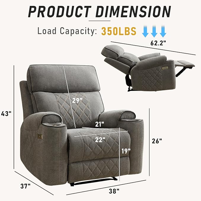HAOMARKETS Electric Recliner Chair, Soft Fabric Power Recliners with Metal Cup Holders, Single Overstuffed Heavy Duty Reclining Sofa Chairs for Living Room Bedroom, Light Grey