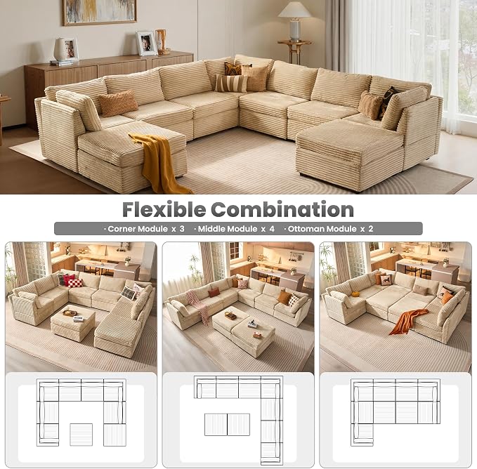 ovios Modular Sectional Sofa Couch with U-Shape Chaise Ottomans, Comfy Plush Corduroy Cloud Couches, Modern Luxury Deep Seat Sofas Set for Living Room, 9-Seater, Beige