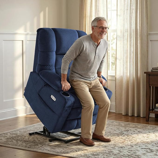 MCombo Triple Motor Lay Flat Power Lift Recliner Chair for Tall Elderly, Infinite Position, Massage, Dual Heating, Adjustable Headrest, Fabric 7634 (Navy Blue, Large)