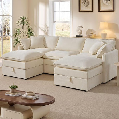 Ihanherry 103” Modular Sectional Sofa with Storage, U Shaped Cloud Couch with Movable Ottomans & 4 Pillows, Chenille Deep Seat Sectional Couches for Living Room, Apartment (Beige)