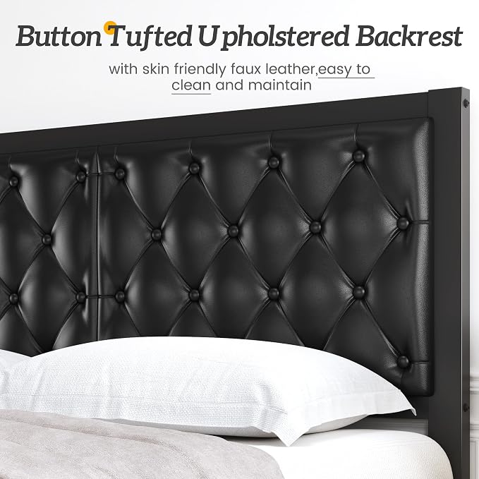 HISOFT Full Bed Frame with Upholstered Button Tufted Headboard, Bed Frame Platform Metal Slats Support, Under Bed Storage, No Box Spring Needed, Noise-Free, Easy Assembly, Black