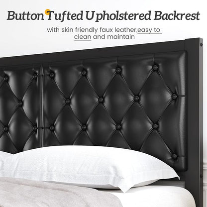 HISOFT Full Bed Frame with Upholstered Button Tufted Headboard, Bed Frame Platform Metal Slats Support, Under Bed Storage, No Box Spring Needed, Noise-Free, Easy Assembly, Black