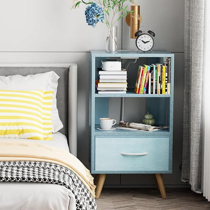 Aenuert Night Stand with Charging Station, Blue Nightstand with Drawer, 3-Tier Wooden Bedside Table with USB Ports and Outlets, End Table for Small Space, Living Room, Bedroom