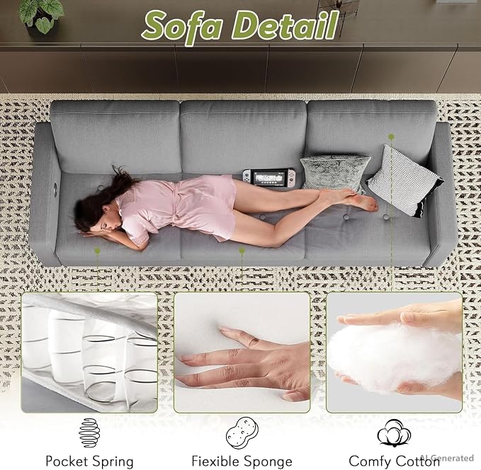 STHOUYN 73" W 3 Seater Couch with USB Ports, Grey Comfy Sofa Couches for Small Spaces, Mid Century Modern Couch Loveseat for Living Room, Bedroom, Apartment (Light Grey)