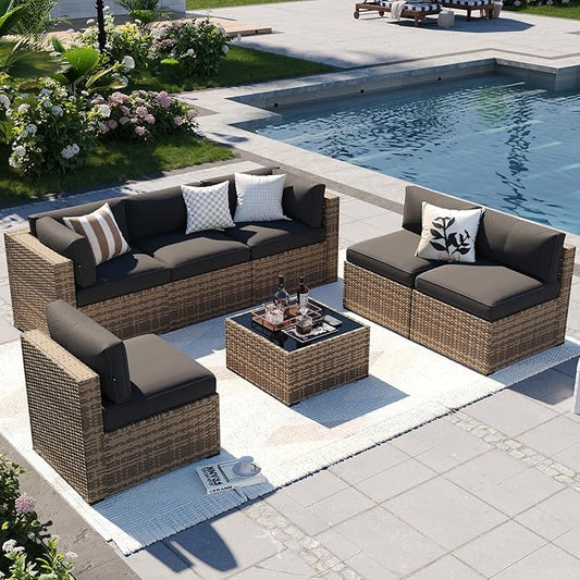 Aoxun Patio Furniture Sets, 7-Piece Outdoor Furniture with Thick Cushions, Wicker Conversation Set Sectional Sofa for Backyard, Poolside, Garden