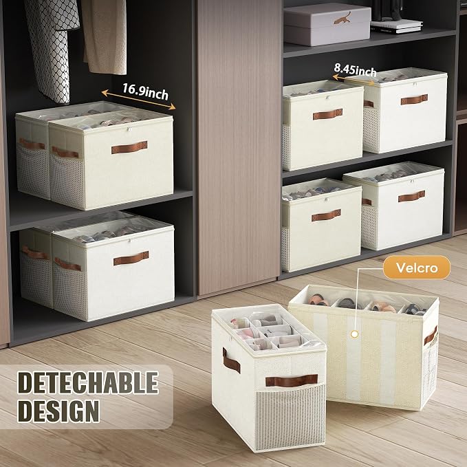 Budding Joy 2 Pack Shoe Organizer for Closet, Clear Foldable Shoe Storage Containers Adjustable Dividers Fits 16 Pairs,Shoe Storage Bins Baskets Boxes with Reinforced Handles Beige Yellow Beige | Farbic shoe storage organizer box bin with clear cover, ...