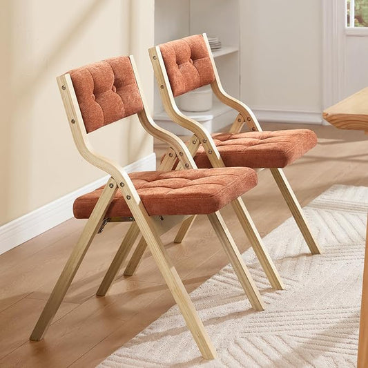 2-Pack Folding Dining Chairs with Cushion,Padded Foldable Dining Chairs,Portable Wooden Folding Chairs with Tufted Buttons Seat for Dining Rooms Kitchen Wedding and Party Indoor Orange