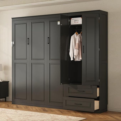 Merax Farmhouse Multi-Functional Murphy Bed with Wardrobe & Drawers,Black | Queen Size Solid Wood Foldable Wall Bed with Upholstered Headboard / No Box Spring Needed / Space Saving