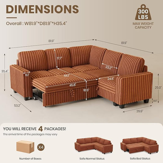 Belffin Plush Corduroy Modular Sectional Sofa with Pull Out Bed Convertible Small Sectional Corner Couch for Living Room Brick Red Couch