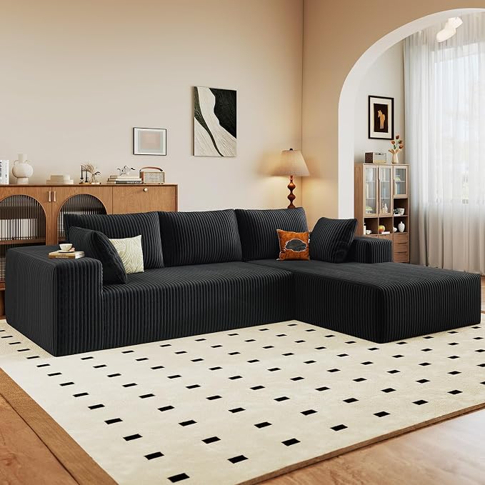 96" Modular Sectional Sofa, Modern Corduroy Cloud Couch with Deep Seat, Boneless Couch Upholstered 3-Seater L-Shaped Sofa for Living Room, No Assembly Required (Black, Right-Facing Chaise)