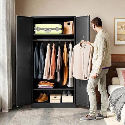 BYNSOE Metal Armoire Wardrobe Closet with 2 Doors 72'' Wardrobe Cabinet with Hanging Rail Metal Closet with Adjustable Shelves for Bedroom Require Assembly (Black, 72inch)