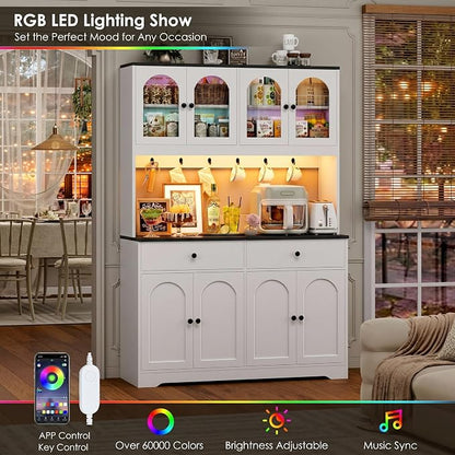 HIFIT 71" LED Kitchen Pantry Cabinet with Power Outlet, Large Kitchen Hutch Cabinet with 2 Storage Drawers & Arched Door, Countertop & Hooks, Tall China Bar for Dining Living Room (White + Black)