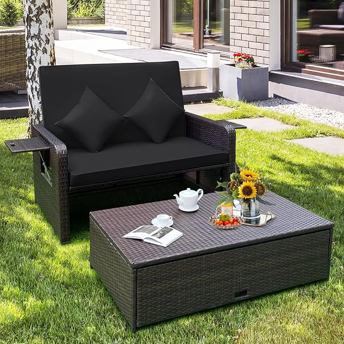Tangkula Patio Rattan Daybed with 4-Level Adjustable Backrest, Outdoor PE Wicker Loveseat with Storage Ottoman & Folding Side Tray, Double Sunbed Lounger for Balcony, Backyard & Poolside, Black