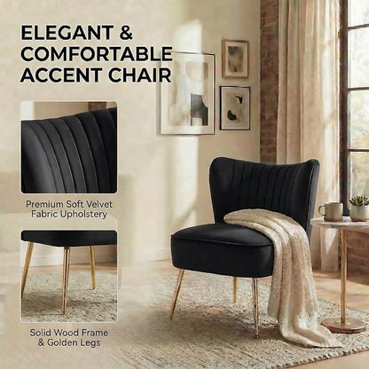 DUOMAY Modern Accent Chair Set of 2 Velvet Slipper Chair with Gold Legs Wingback Side Chair for Living Room Bedroom Entryway Small Corner Chair for Space Saving, Black