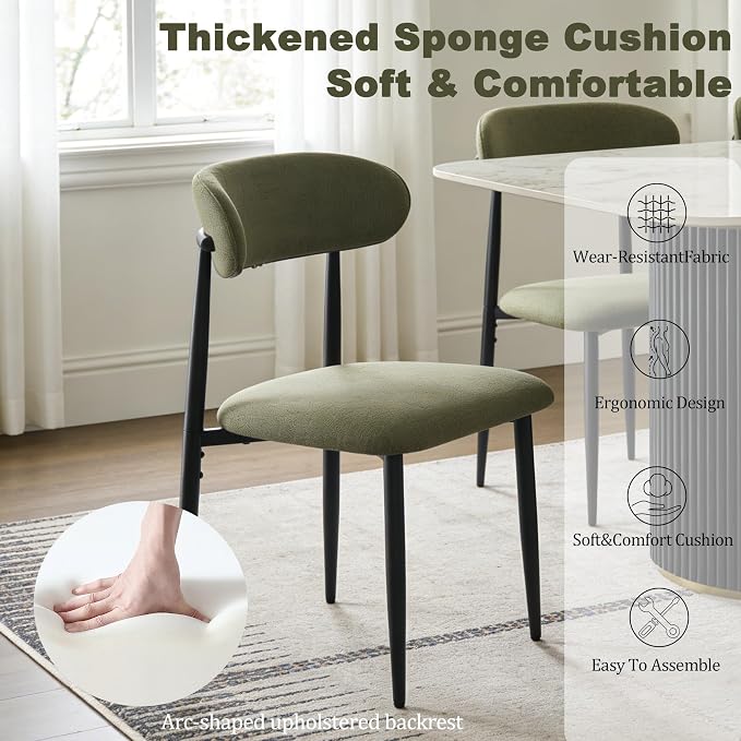 FREKEN Modern Upholstered Dining Chairs Set of 4, Mid-Century Metal Frame Linen Fabric Side Chair for Kitchen Dining Room, 350lbs Capacity, Green