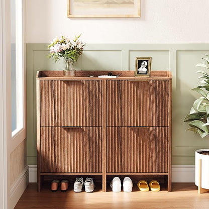 VINGLI 43.5" Large Shoe Storage Cabinet with 4 Fluted Flip Drawers, Slim Entryway Shoe Organizer with Curved Side Panels, Walnut Wood Shoe Rack for Hallway, High Capacity Hidden Shoe Shelf for Boots