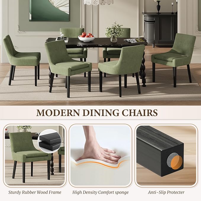 Modern Dining Room Chairs Set of 2 with Mid Back and Wood Legs, Upholstered Kitchen Chairs for Dining Room/Living Room, Light Green